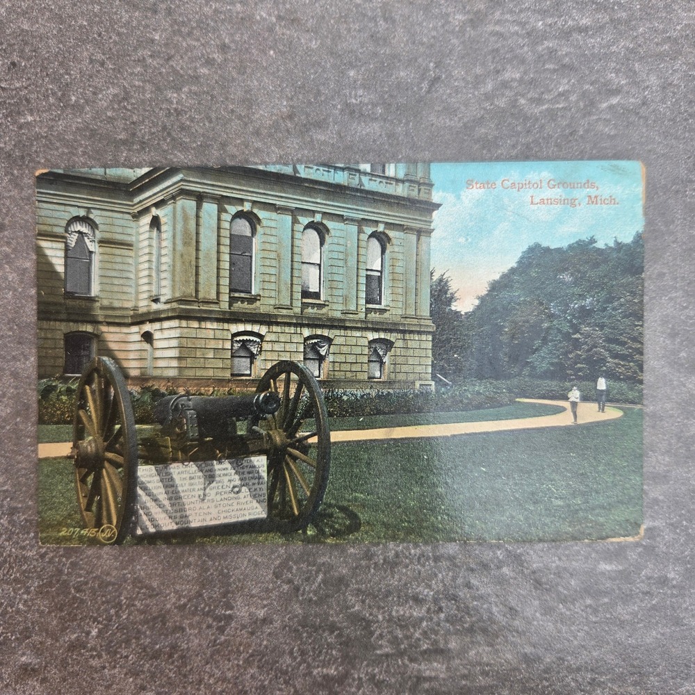 Vintage Postcard State Capitol Grounds Lansing Michigan 1910 Civil War Cannon